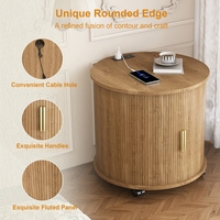 Table d'appoint ronde cannelée de style Mid-Century avec roulettes, table de chevet en bois avec poignée dorée pour chambre à coucher