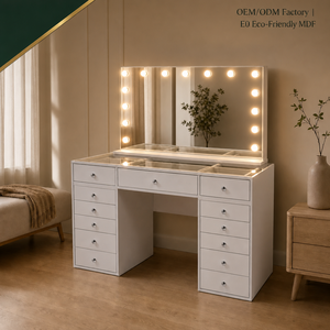 Table de maquillage moderne avec miroir LED et tiroirs pour coiffeuse, chambre, salon, école, hôtel - Product Image 1