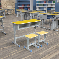 Ensemble bureau et chaise d'étude 2 places en contreplaqué jaune moderne, durable et écologique, avec structure en acier, style indonésien, pour école, maison, bureau, chambre