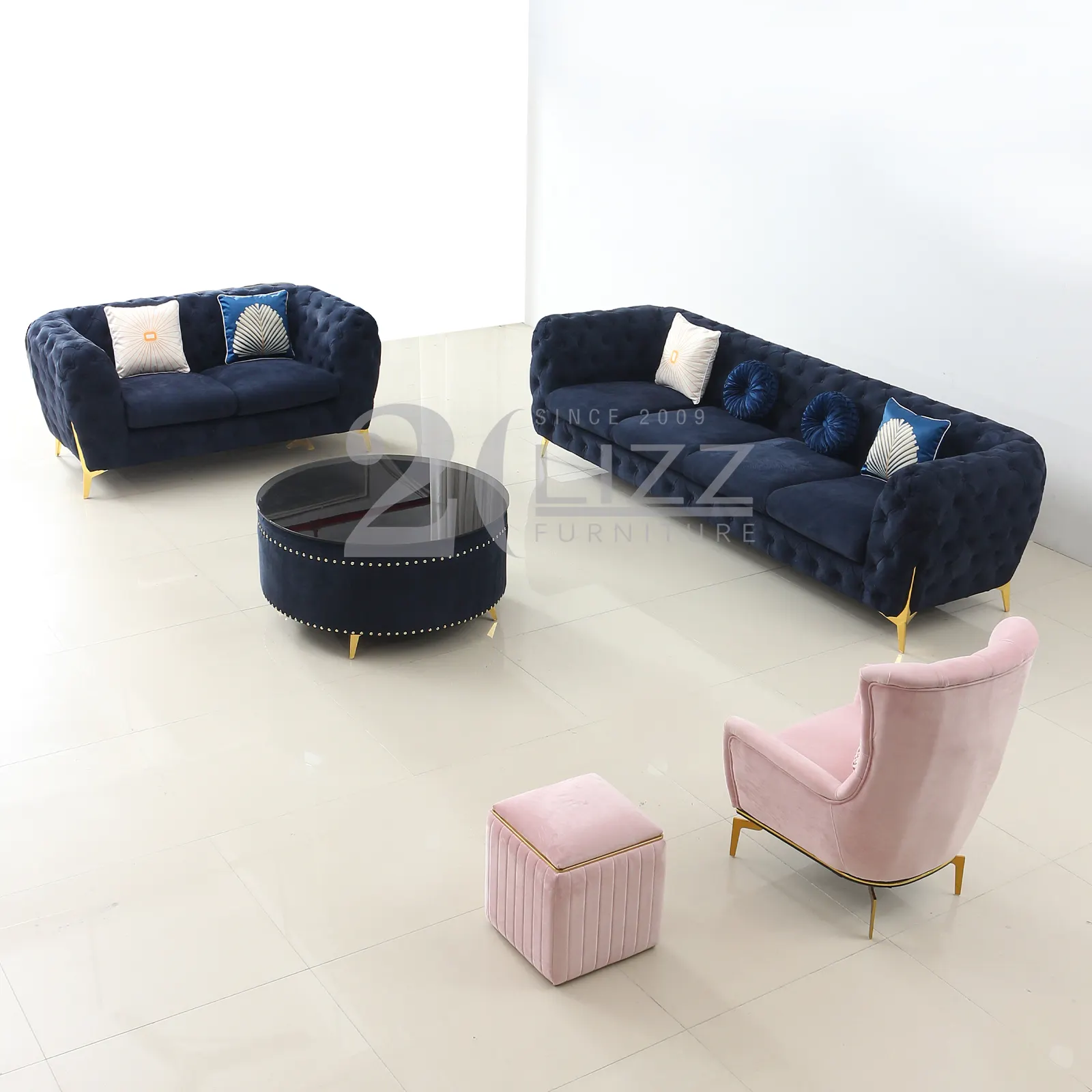 Blue Velvet Glam Living Room Furniture Sets Upholstered Coffee Table Chesterfield Sofa with Pink Chair