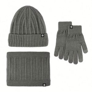 Ensemble trois pièces automne-hiver, bonnet en velours épais chaud avec broderie 3D, écharpe et gants pour les voyages en plein air - Product Image 6