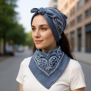 Angelina Cotton Square <b>Scarf</b> 54x54Cm Blue <b>Grey</b> Floral Pattern Multifunctional Headwear - Product Image 3
