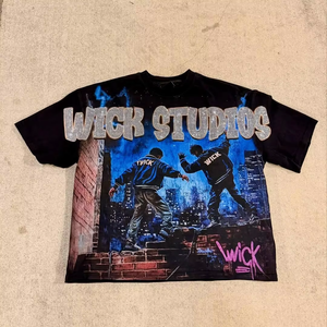 Camiseta de Manga Corta para Hombre, Estilo Americano, Desgastada, con Estampado de Personajes y Letras con Pedrería, Estilo Urbano - Product Image 2