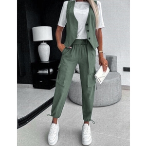 Conjunto Casual de 2 Piezas para Mujer, Chaleco Estampado a Rayas con Bolsillos y Pantalones, Moda Casual - Product Image 4