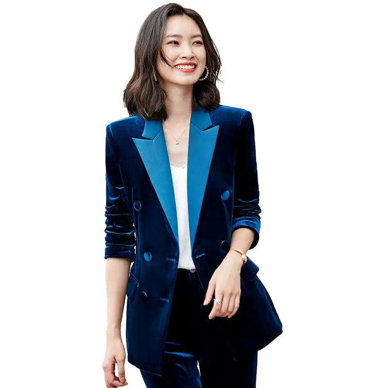 High-quality Velvet Fabric Pant Suit 2 Piece Suit Set For Women Fashion Coat And Trouser Double Breasted Office Lady Ol Style