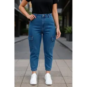 Jeans Cargo da Donna Adrenaline Blu a Vita Alta in Denim Elasticizzato Traspirante Stile Semplice - Product Image 5