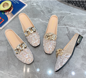 Nouvelles sandales plates à bout fermé pour femmes, chaussures à talons bas, mocassins en maille, tête carrée, pantoufles en filet <span class=keywords><strong>creux</strong></span> - Product Image 3