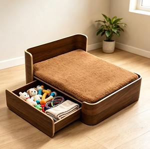 Wooden Elevated Dog Bed with Pull-Out <b>Storage</b> Drawer for Toys Snacks Raised Soft <b>Cushion</b> Cat Bed Anti-Damp Floor-Standing Pet - Product Image 1