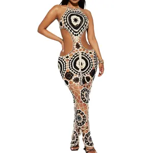 2024 femmes été vacances tenues fête licou robes évider dos nu Sexy Lolita mode Crochet tricot longue Maxi robe