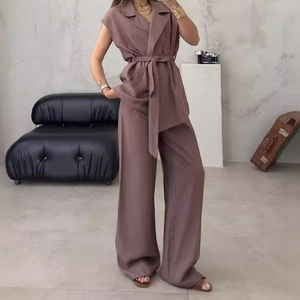 Kolsuz Takım Yaka Bağcıklı Hırka Yüksek Bel Pantolon Kadın Günlük 2 Parça Takım - Product Image 3