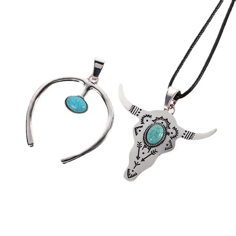 Collier de crâne en corne de vache, bijoux style bohème occidental, Turquoise, taureau, nouvelle collection 2023