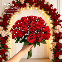 Bouquet de fleurs artificielles éclatantes avec roses rouges floquées, fleurs mélangées pour mariage, centre de table, décoration de fête et de vacances