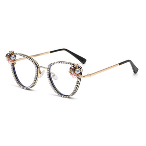 Montures de lunettes œil-de-chat décoratives pour femmes avec strass et perles, monture complète carrée, sans correction, protection anti-lumière bleue - Product Image 5