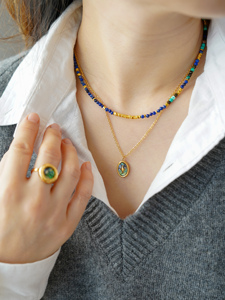 <span class=keywords><strong>Jojo</strong></span> สร้อยคอทองเหลืองพร้อมดาวสี่ดวงสร้อยคอกระดูกไหปลาร้าลูกปัดสีฟ้าครามธรรมชาติเพชรหักทองสำหรับวันครบรอบ - Product Image 2