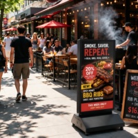 Kiosque événementiel portable sur roues, sans installation, double face, étanche IP65, 2000 nits, lisible en plein soleil, pour affichage extérieur