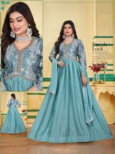 Robe Anarkali en Chinon brodée de qualité supérieure, tenue ethnique indienne longue et évasée pour femmes, avec manches longues et dupatta pour les mariages et les festivals - Product Image 6