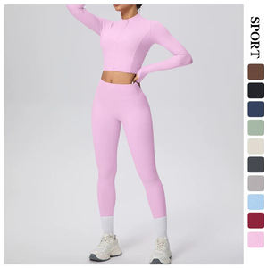 Conjunto de 2 piezas: Chaqueta deportiva corta con cremallera y pantalones de yoga, de tacto suave, color liso, que absorbe el sudor, de talle alto y efecto levanta glúteos, ajustado, para <span class=keywords><strong>mujer</strong></span>, tallas XL/<span class=keywords><strong>XXL</strong></span> - Product Image 5