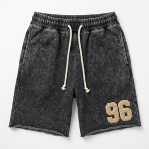Shorts en molleton de coton épais délavé à l'acide pour homme, style vintage, patchwork, streetwear, effet usé - Product Image 1