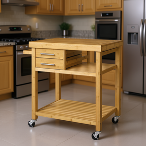 Carrito de Cocina de Bambú con 2 Cajones y Estantes Abiertos sobre Ruedas, Carrito Utilitario Moderno - Product Image 2