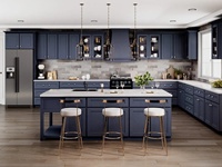 Armoires de cuisine de style shaker bleu marine, ensemble d'armoires modulaires complètes avec quincaillerie en laiton, portes vitrées et grand îlot central