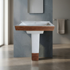 Lavabo de Cerámica Color Madera Rústica Serena con Pedestal, Lavabo de Baño Montado en la Pared con Pedestal Completo - Product Image 3