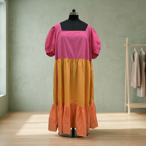 Color Block Midi <b>Dress</b> Square Neck Puff <b>Sleeve</b> Loose Fit Ruffle Hem Casual <b>Summer</b> Style Woven Polyester <b>Dress</b> - Product Image 3