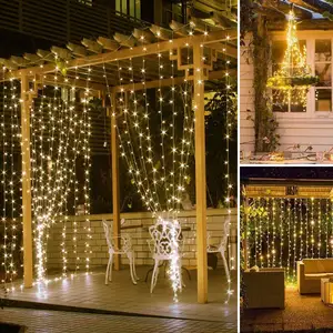 Kerst Decor 8 Modi 3*2M Wedding Solar Gordijn String Lights Outdoor 300 Led Usb Waterdichte Fairy string Lights