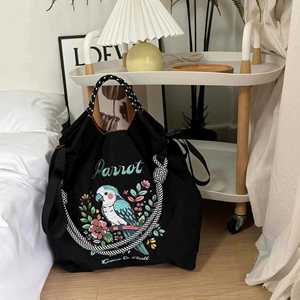 Summer Women Portable Nylon <b>Embroidery</b> Fashion Large Capacity String Closure Shoulder Shopping Bag Below 20 Litre - Product Image 5