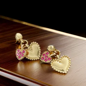 Lovely jewelry double dangle gold plated glass diamond Heart earrings for women girls