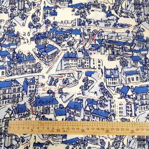 Tissu en lin 100% imprimé avec un motif de maisons bleues personnalisé, en vente, au mètre, pour les vêtements des filles, des garçons et des enfants - Product Image 3