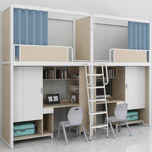 Lit superposé en bois et acier pour dortoir étudiant, gain de place, avec bureau et armoire, mobilier scolaire, lit mezzanine - Product Image 1