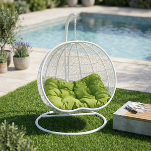 Modern White Wicker Hanging Egg Chair with Green <b>Cushion</b> and Metal Stand for Outdoor Patio and <b>Garden</b> - Product Image 5