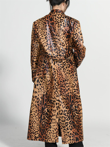 High Quality Genuine Sheep Lamb Leather Custom Long Leopard Pattern Women <strong>Knee</strong> <strong>Length</strong> Blazer Leather <strong>Coat</strong> - Product Image 3