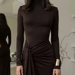 Fashion Long Sleeve Draped Bandage Bodycon Club Long Dress Custom Turtleneck <strong>Thigh</strong> <strong>High</strong> Split Sexy Maxi Dress for <strong>Women</strong> - Product Image 4