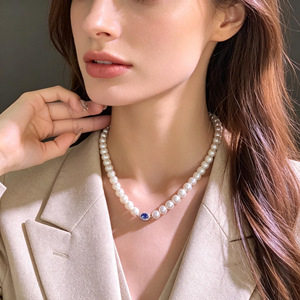 Sapphire Pearl Necklace AAA Grade White Pearls With Blue Gemstone For Women Everyday Wear Collarbone Chain Simple Elegant Style - Product Image 2