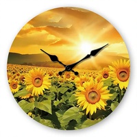 Horloge murale moderne en bois MDF de 12 pouces, motif champ de tournesols personnalisé, best-seller transfrontalier, mouvement silencieux à quartz, fonctionne sur piles