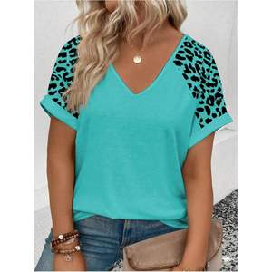 Camiseta de Manga Corta Personalizada para Mujer, Talla Grande, Cuello en V, Tejida en Poliéster, Top de Verano, Manga Regular - Product Image 4