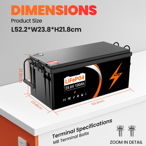 แบตเตอรี่ลิเธียมไอโอเฟอร์รัส (LiFePO4) ของ EU ขนาด 25.6V 24V 100Ah พร้อมระบบจัดการแบตเตอรี่ (BMS) 100A สำหรับการจัดเก็บพลังงานแสงอาทิตย์ ระบบออฟกริด - Product Image 3