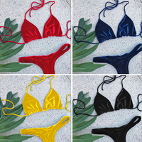 Nouveau maillot de bain taille haute en velours doré européen et américain couleur pure femme sens Triangle string fendu String Bikini