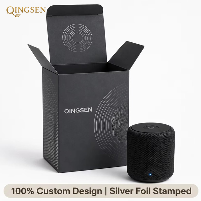 Custom Charcoal Grey Tuck End Paperboard Silver Foil Stamped Bluetooth Speaker Packaging Gift Box for Audio Branding
