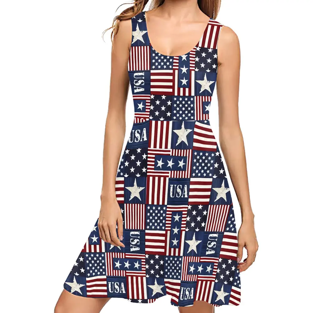 منتجات ساخنة فساتين نسائية كاجوال لعيد الاستقلال فستان شاطئ برسم علم أمريكي فستان للبنات بدون أكمام فستان ملابس