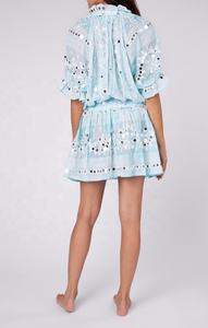 Robe à manches courtes avec broderie délicate en miroir, détails ornés, imprimé nomade, art indien, naturel 100% - Product Image 3