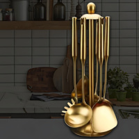 Ensemble de 6 ustensiles de cuisine en acier inoxydable doré, outils de cuisine, ensemble d'ustensiles de cuisine, ensemble cadeau avec support
