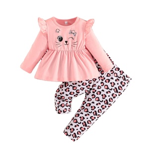 Ropa Infantil para Niña, Primavera-Otoño, Blusa con Estampado de Cara Sonriente y Mangas con Volantes, Pantalones Casuales, Conjunto Sencillo para el Día a Día - Product Image 2