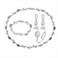 Ensemble de bijoux vintage en cuivre pour femmes, cristal, strass, plaqué or, design de fleur de tulipe, collier/boucles d'oreilles/bague/bracelet