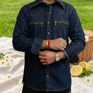 Men's Premium Dark Blue Denim Shirt With Dual Zip Pocket Full Sleeve Casual and Semi-Formal Wear Stylish Regular Fit Men'swear - Product Image 5