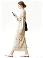 Robe midi en tricot torsadé épais pour femme, 100 % laine, broderie florale 3D, manches lanternes à pompons, robe en tricot, pas du coton, vente en gros OEM