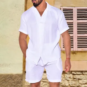 Camisa havaiana de linho de algodão para homens, conjunto de duas peças de verão, combinando com branco, roupa de praia, conjunto curto de verão para homens, camisa havaiana de praia