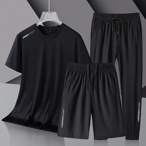 <span class=keywords><strong>Conjunto</strong></span> <span class=keywords><strong>Deportivo</strong></span> de Tres Piezas para <span class=keywords><strong>Hombre</strong></span> de Seda de Hielo Transpirable de Secado Rápido con Camiseta de Manga Corta, Shorts y Pantalones para Gimnasio - Product Image 4