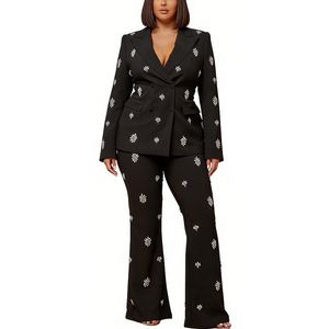 بدلة نسائية مزينة بالكريستال على شكل زهور - سترة وبنطلون واسع من قطعتين - طقم رسمي مزدوج الصدر من سيهي فاشونبيسو - Product Image 1